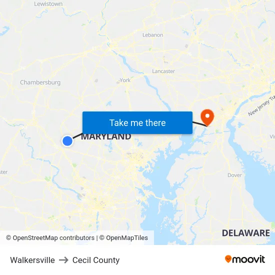 Walkersville to Cecil County map