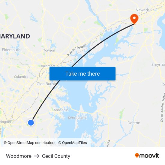 Woodmore to Cecil County map