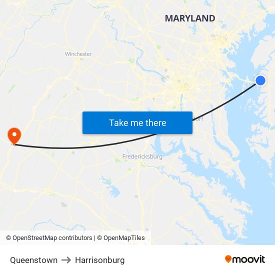 Queenstown to Harrisonburg map