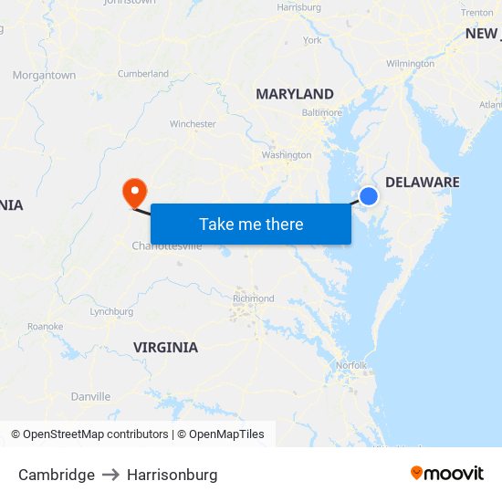 Cambridge to Harrisonburg map