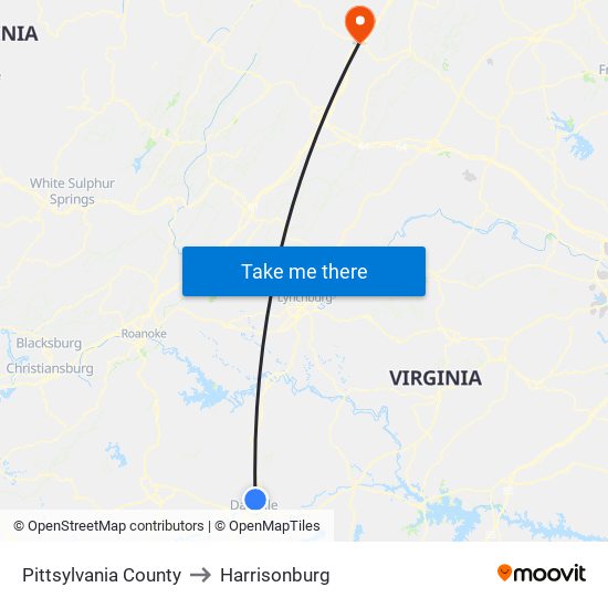 Pittsylvania County to Harrisonburg map