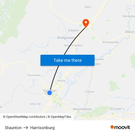 Staunton to Harrisonburg map