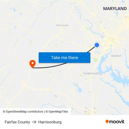 Fairfax County to Harrisonburg map