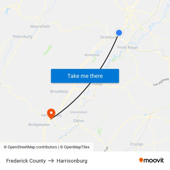 Frederick County to Harrisonburg map