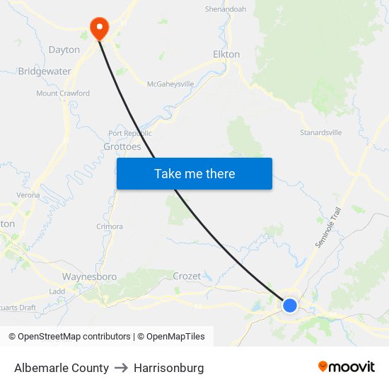 Albemarle County to Harrisonburg map