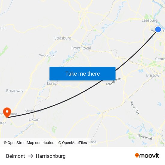 Belmont to Harrisonburg map