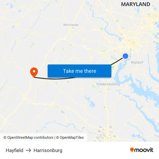 Hayfield to Harrisonburg map