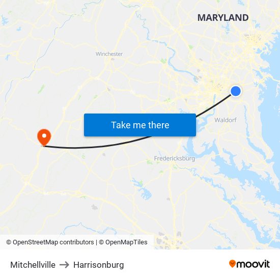 Mitchellville to Harrisonburg map