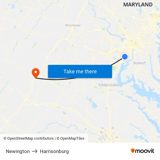 Newington to Harrisonburg map