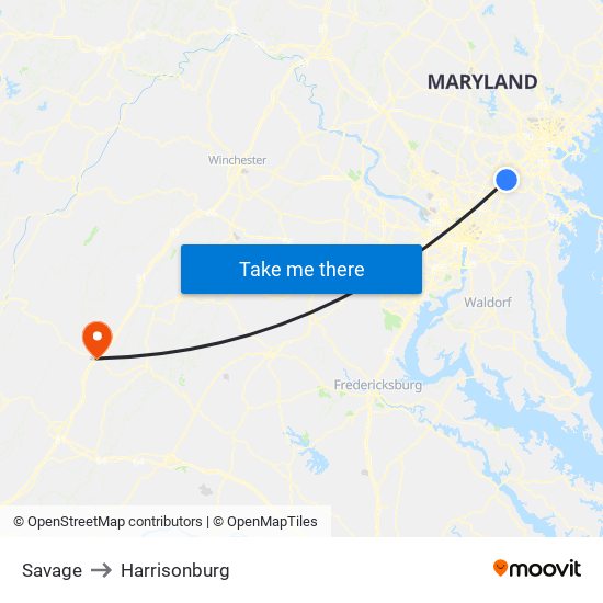 Savage to Harrisonburg map