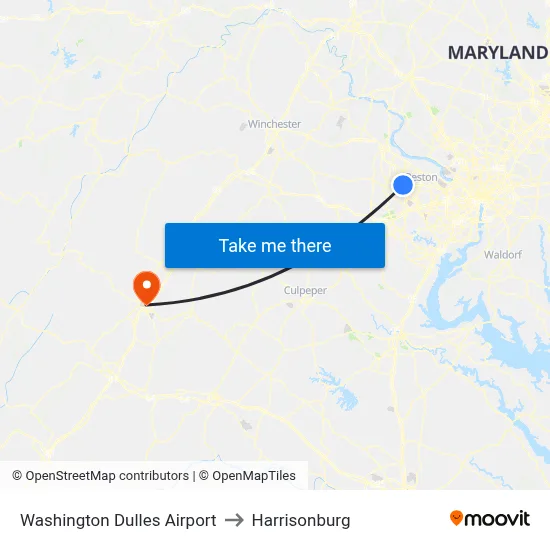 Washington Dulles Airport to Harrisonburg map