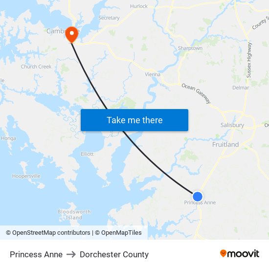 Princess Anne to Dorchester County map