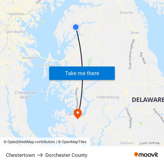 Chestertown to Dorchester County map