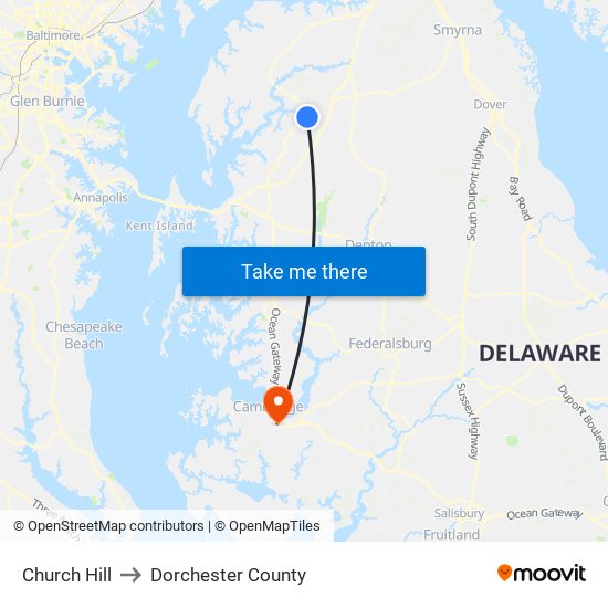 Church Hill to Dorchester County map