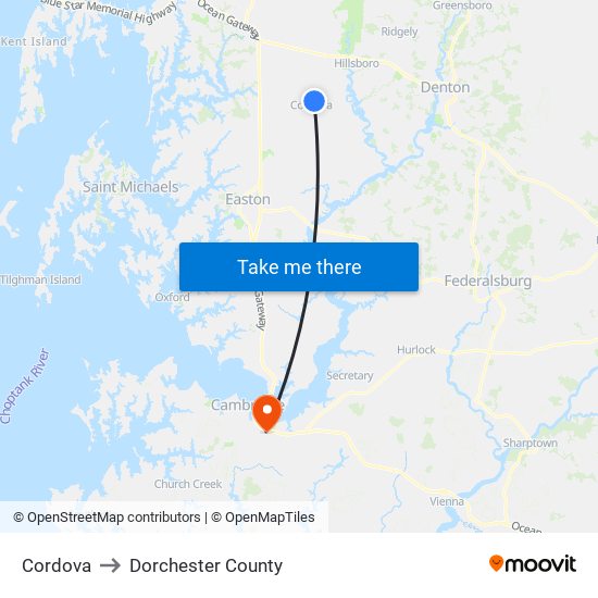 Cordova to Dorchester County map