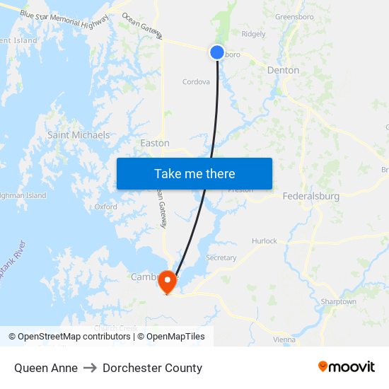 Queen Anne to Dorchester County map