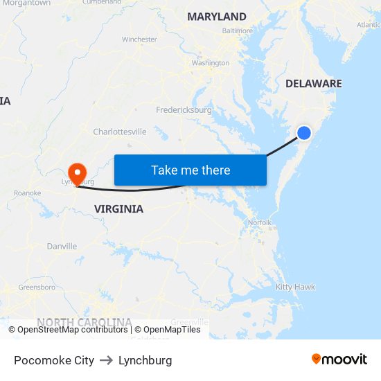 Pocomoke City to Lynchburg map