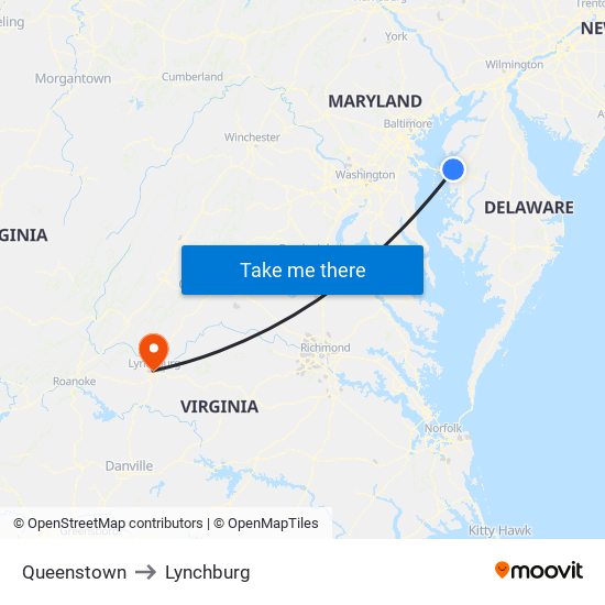 Queenstown to Lynchburg map