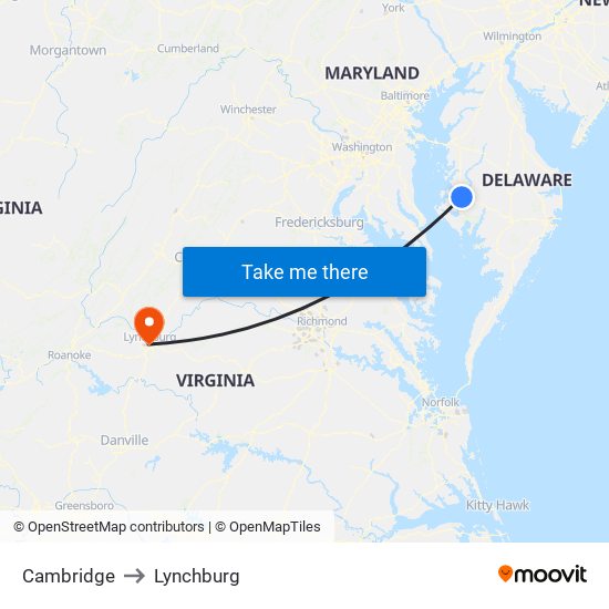 Cambridge to Lynchburg map