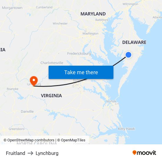 Fruitland to Lynchburg map