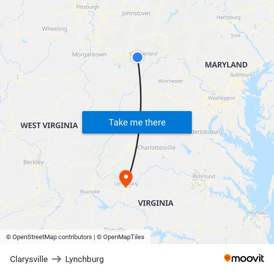 Clarysville to Lynchburg map