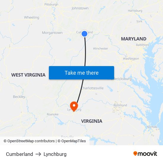 Cumberland to Lynchburg map