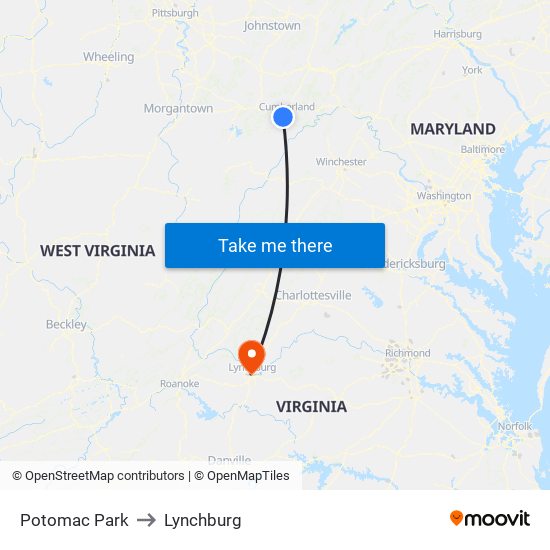 Potomac Park to Lynchburg map