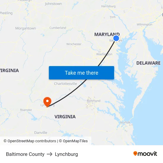 Baltimore County to Lynchburg map