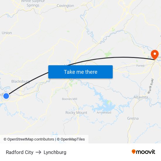 Radford City to Lynchburg map