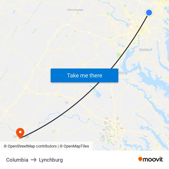 Columbia to Lynchburg map