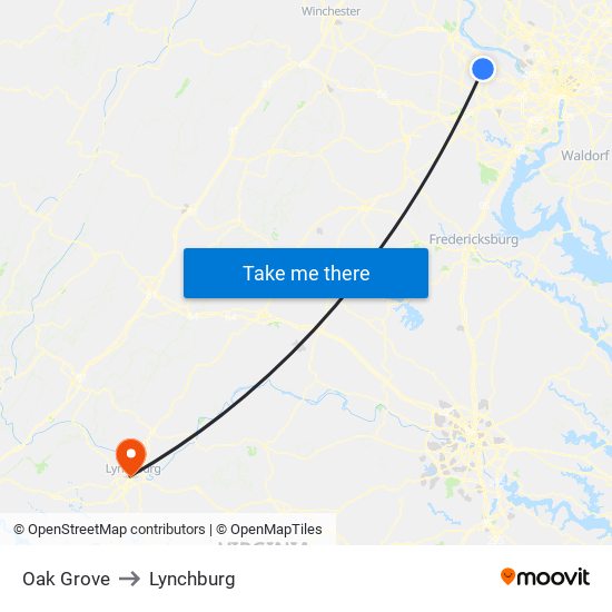 Oak Grove to Lynchburg map