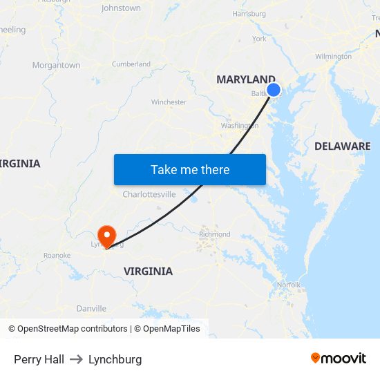 Perry Hall to Lynchburg map