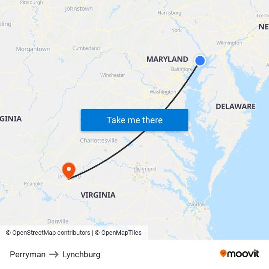 Perryman to Lynchburg map