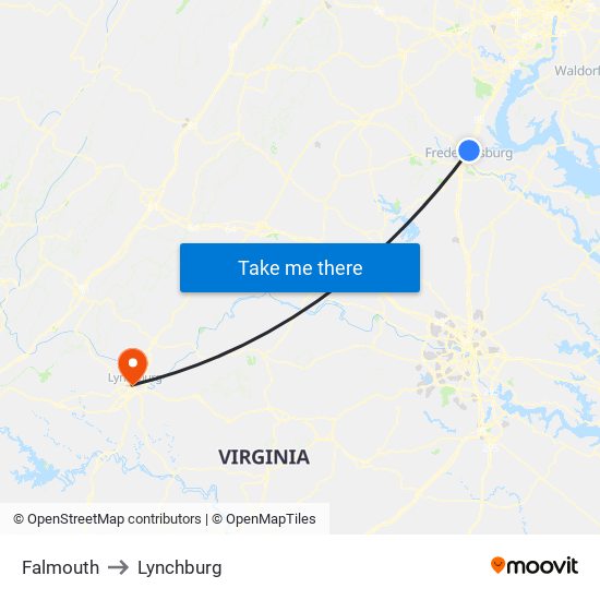 Falmouth to Lynchburg map