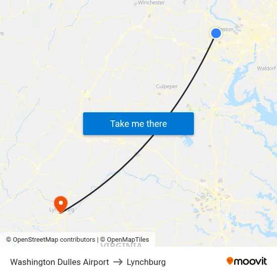 Washington Dulles Airport to Lynchburg map