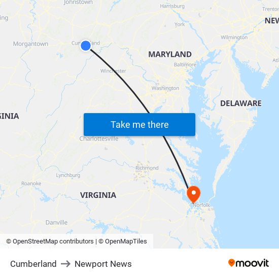 Cumberland to Newport News map