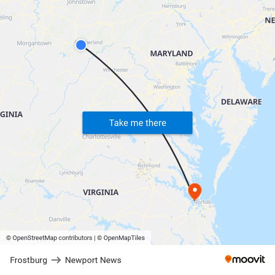 Frostburg to Newport News map