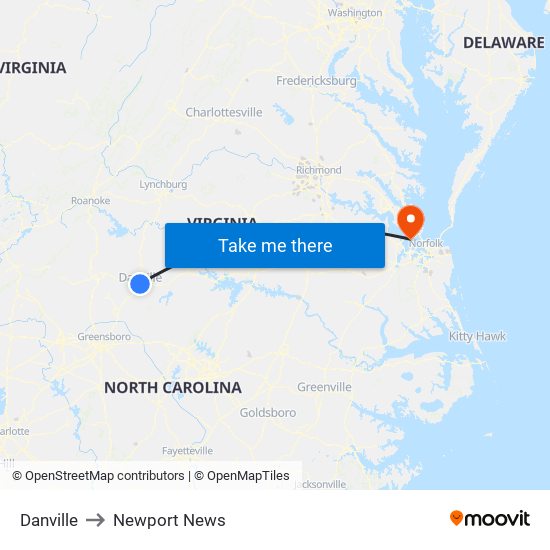 Danville to Newport News map