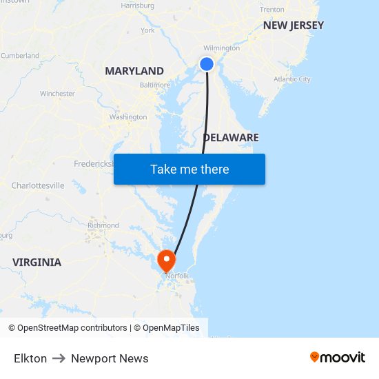 Elkton to Newport News map