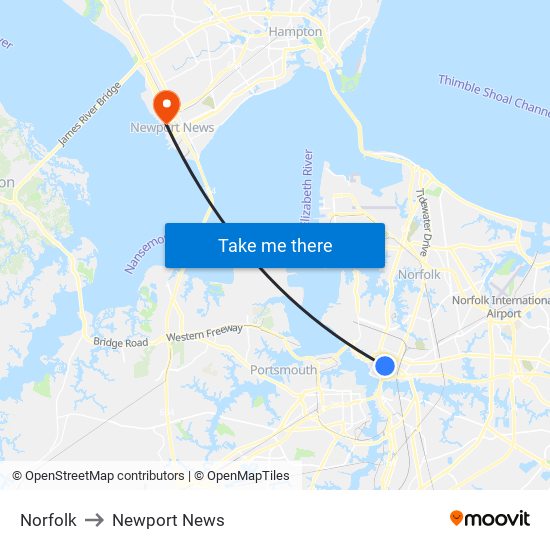 Norfolk to Newport News map