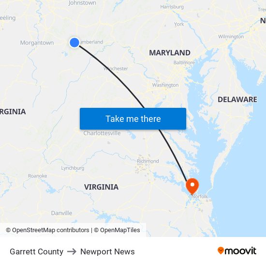 Garrett County to Newport News map