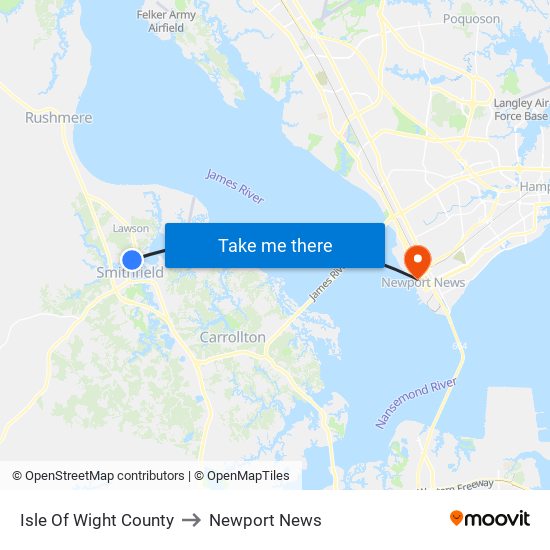 Isle Of Wight County to Newport News map