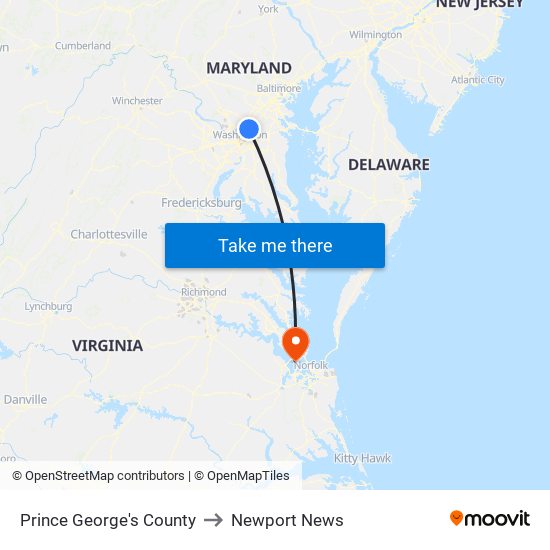 Prince George's County to Newport News map