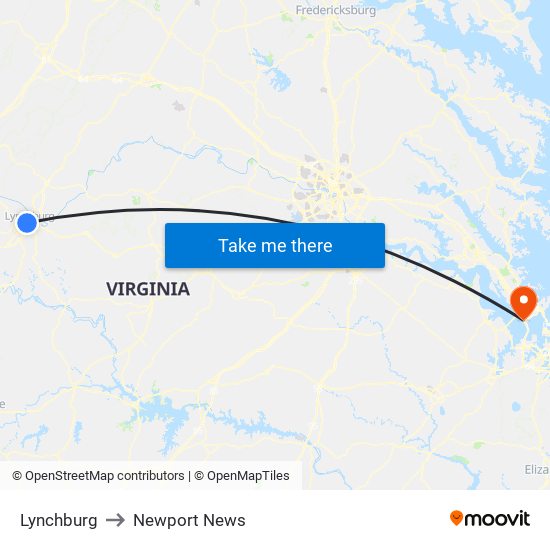 Lynchburg to Newport News map