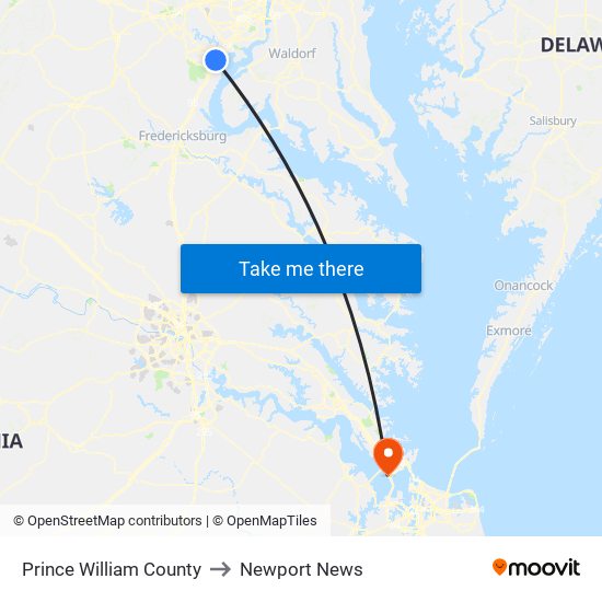 Prince William County to Newport News map