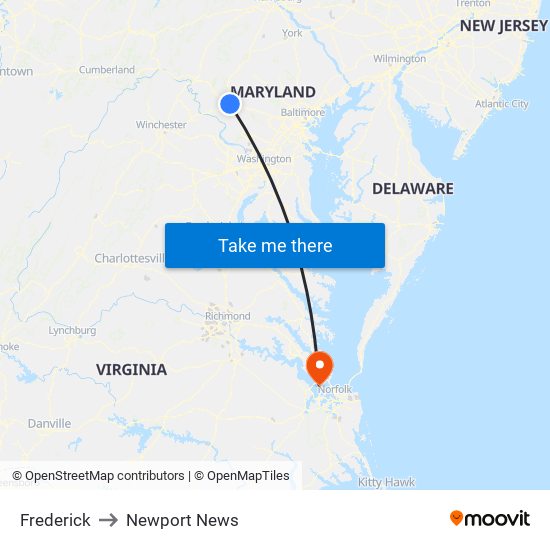 Frederick to Newport News map