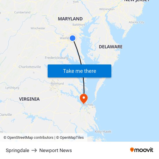 Springdale to Newport News map