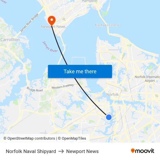 Norfolk Naval Shipyard to Newport News map