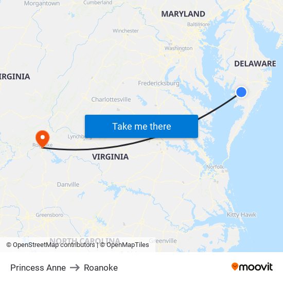 Princess Anne to Roanoke map