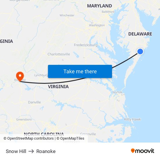 Snow Hill to Roanoke map